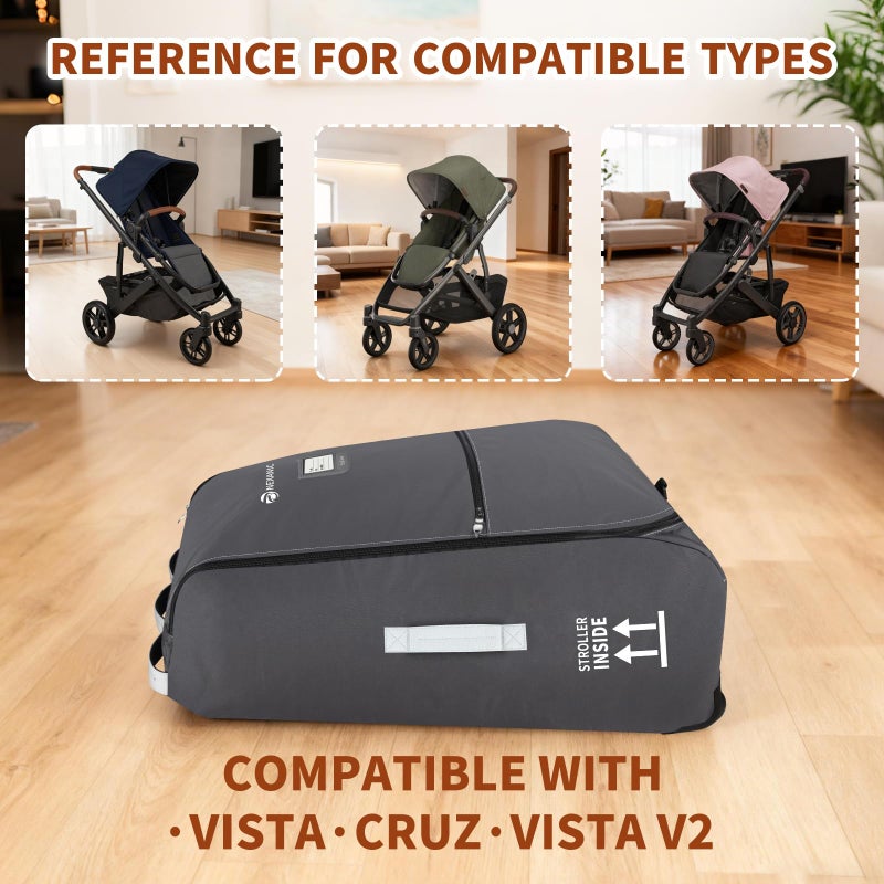 nexanic Stroller Bag for Airplane, Stroller Travel Bag Compatible with UPPAbaby Vista, Vista V2, Cruz V2, Rolling Wheel Bag with Storage Pocket, Multiple Handles, Luggage Tag for Flight Travel, Grey - Image 2