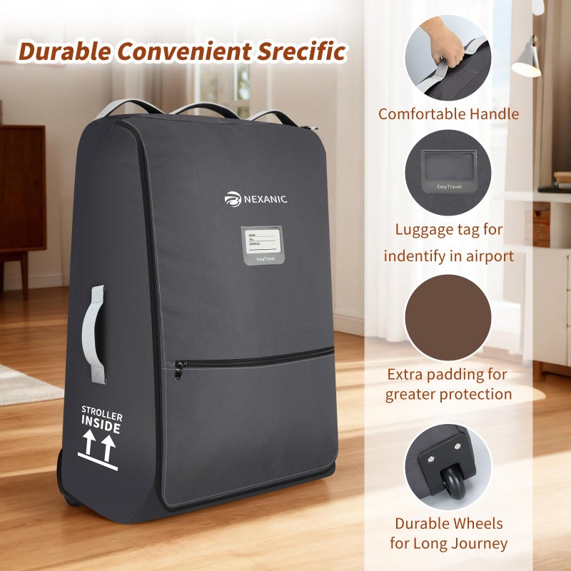 nexanic Stroller Bag for Airplane, Stroller Travel Bag Compatible with UPPAbaby Vista, Vista V2, Cruz V2, Rolling Wheel Bag with Storage Pocket, Multiple Handles, Luggage Tag for Flight Travel, Grey - Image 3