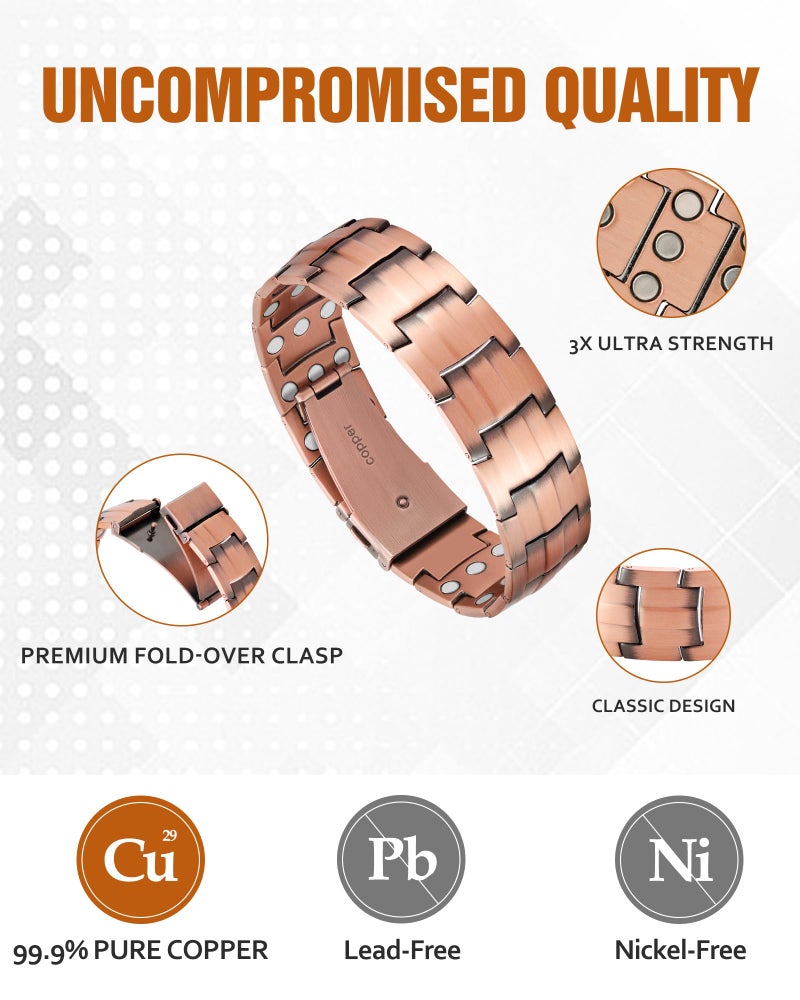Jecanori أساور نحاسية للرجال من جيكانوري بقوة 3X، أساور مغناطيسية نحاسية نقية للرجال مع مغناطيسات مطورة بقوة 3800 غاوس، مشبك فاخر وأداة قياس - Image 4