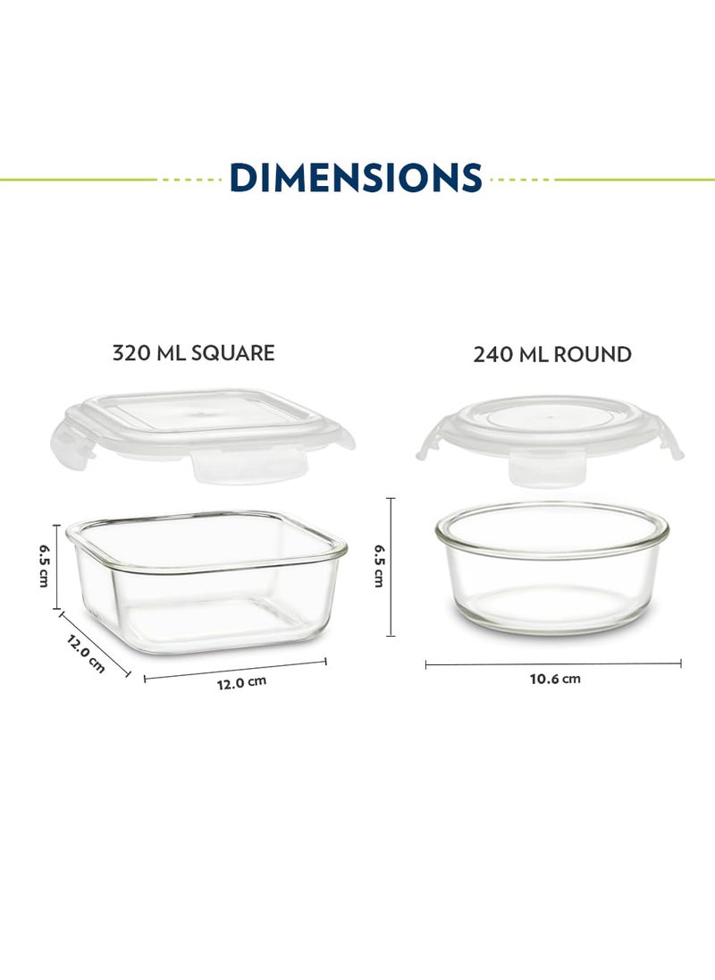 BOROSIL Borosil Eateasy Daisy Borosilicate Glass Lunchbox with Bag Set of 4 320ml x 2 Square 240ml x 2 Round Microwave Dishwasher Safe Leakproof Tiffin for Office School Transparent  - Image 2