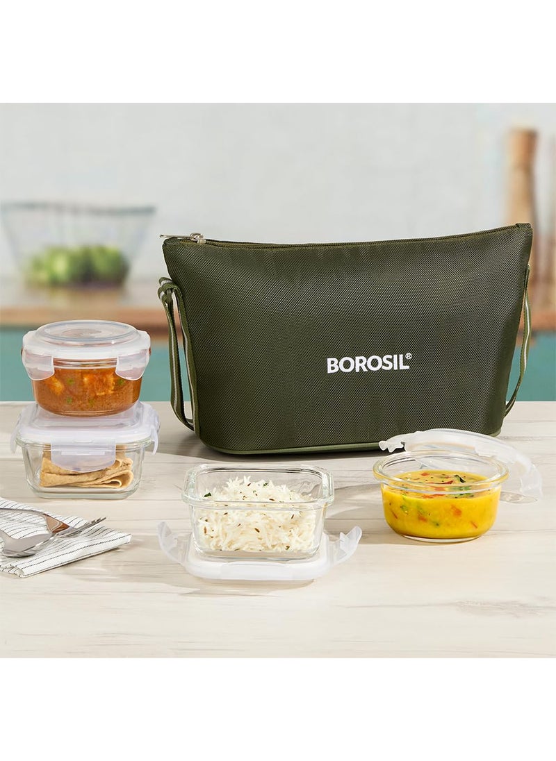 BOROSIL Borosil Eateasy Daisy Borosilicate Glass Lunchbox with Bag Set of 4 320ml x 2 Square 240ml x 2 Round Microwave Dishwasher Safe Leakproof Tiffin for Office School Transparent  - Image 1