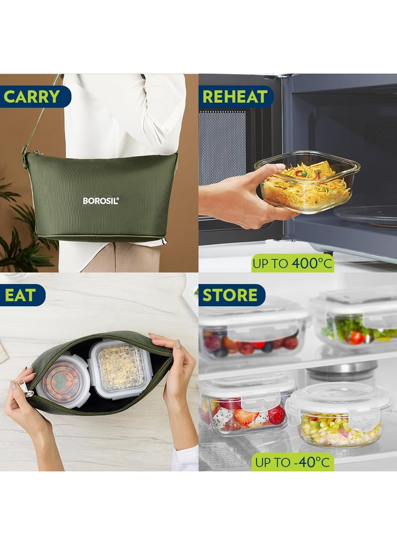 BOROSIL Borosil Eateasy Daisy Borosilicate Glass Lunchbox with Bag Set of 4 320ml x 2 Square 240ml x 2 Round Microwave Dishwasher Safe Leakproof Tiffin for Office School Transparent  - Image 5