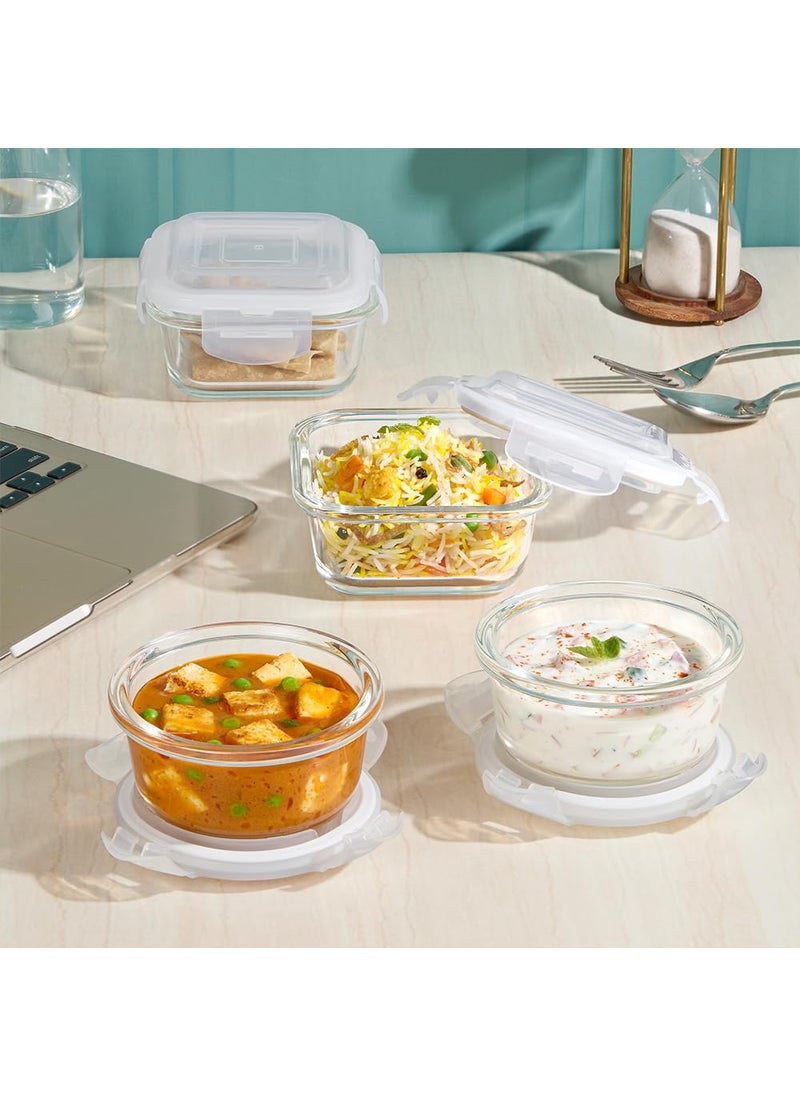 BOROSIL Borosil Eateasy Daisy Borosilicate Glass Lunchbox with Bag Set of 4 320ml x 2 Square 240ml x 2 Round Microwave Dishwasher Safe Leakproof Tiffin for Office School Transparent  - Image 4