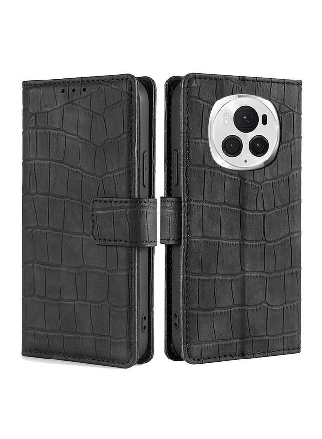 Green Tiger For Honor Magic6 Pro 5G Skin Feel Crocodile Magnetic Clasp Leather Phone Case(Black)