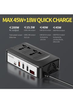 Generic 200W Power Inverter, DC 12V 24V to 220V AC Car Charger Adapter, PD3.0 With QC 4.0 Fast Charging, 2 Universal Socket 2.4A USB Ports, Switch LCD Display  - Image 2