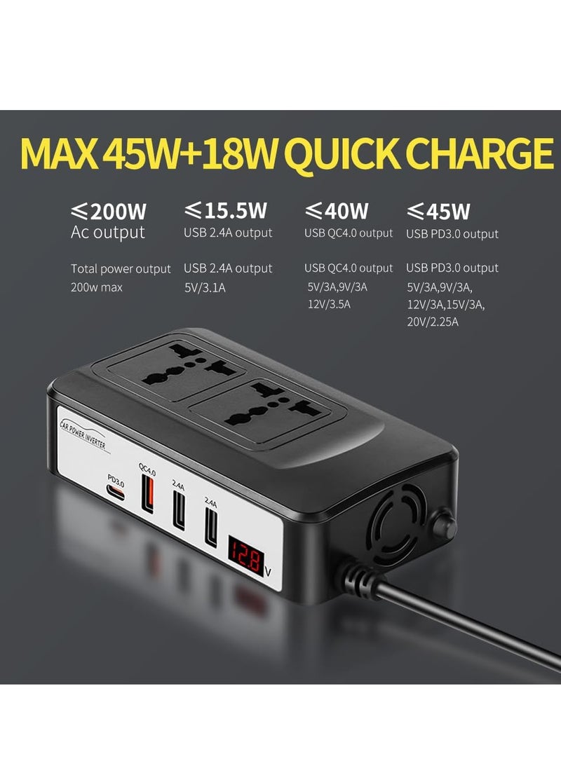 Generic 200W Power Inverter, DC 12V 24V to 220V AC Car Charger Adapter, PD3.0 With QC 4.0 Fast Charging, 2 Universal Socket 2.4A USB Ports, Switch LCD Display  - Image 2