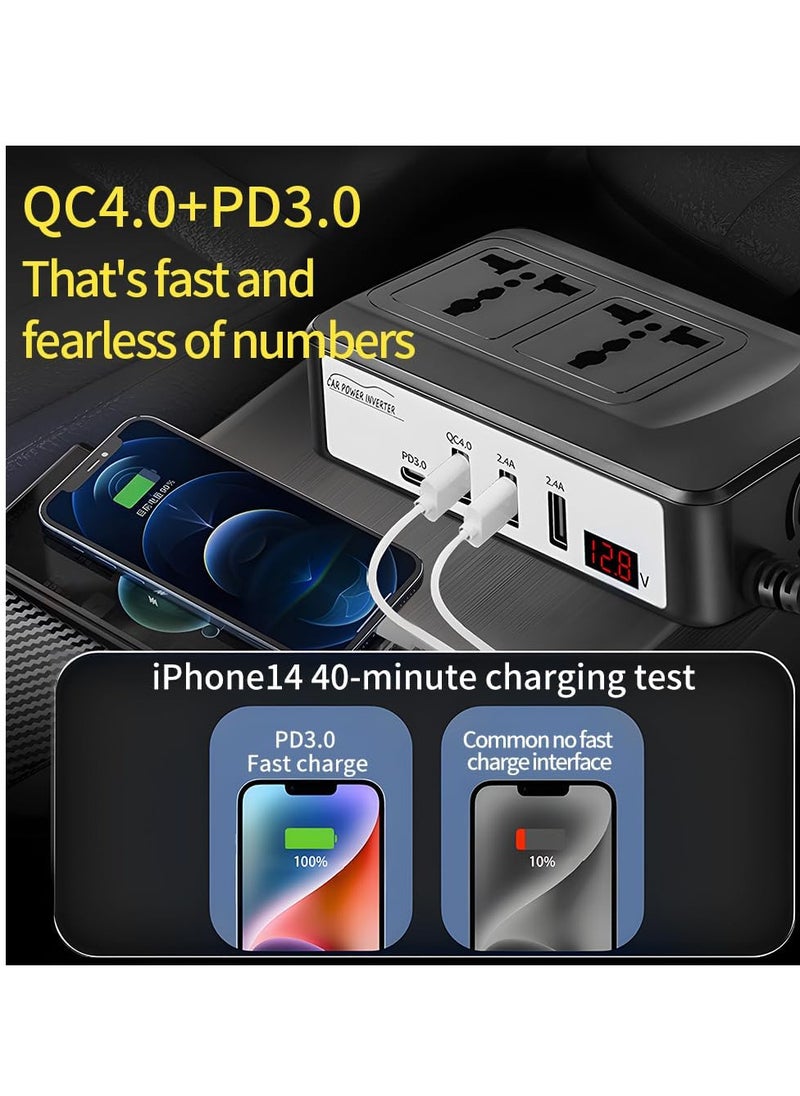 Generic 200W Power Inverter, DC 12V 24V to 220V AC Car Charger Adapter, PD3.0 With QC 4.0 Fast Charging, 2 Universal Socket 2.4A USB Ports, Switch LCD Display  - Image 4
