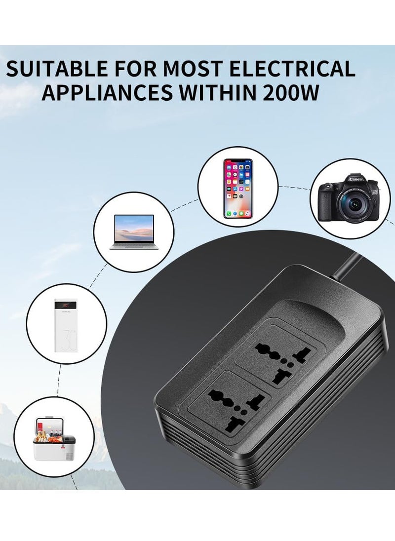 200W Power Inverter, DC 12V 24V to 220V AC Car Charger Adapter, PD3.0 With QC 4.0 Fast Charging, 2 Universal Socket 2.4A USB Ports, Switch LCD Display