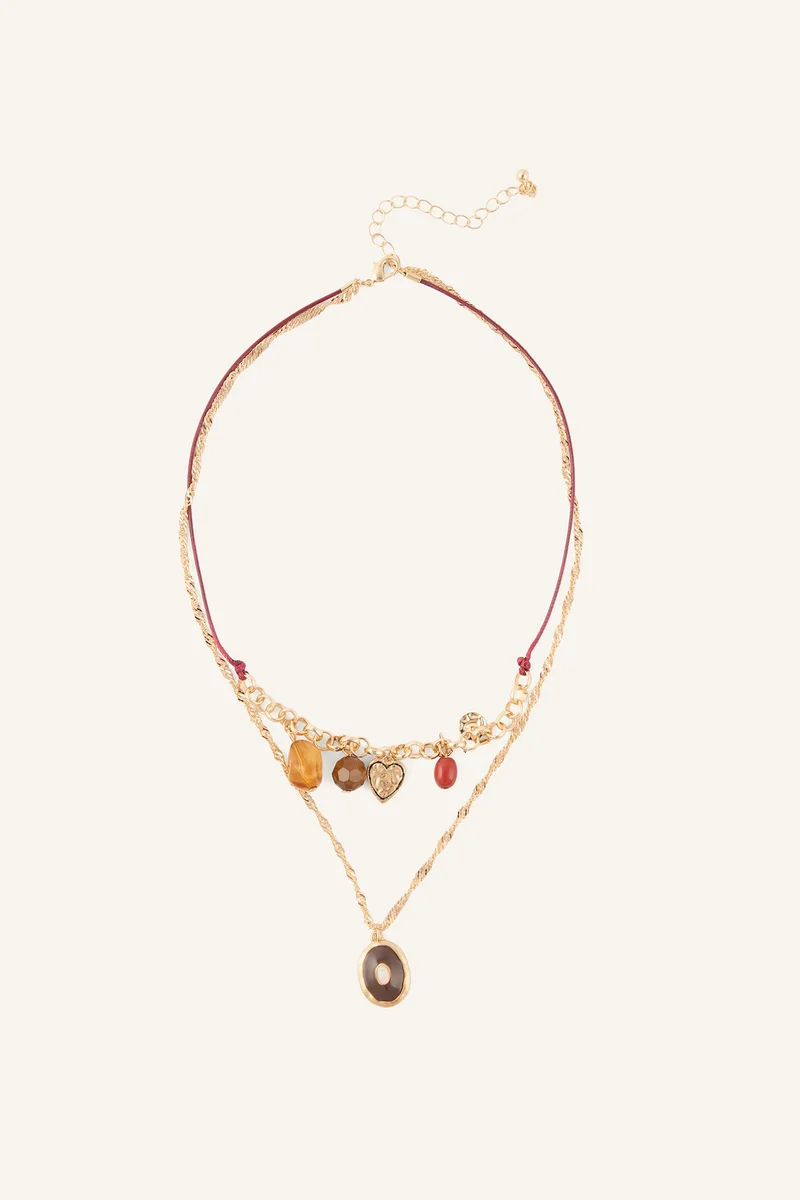 Woman Multiple Chain Charms Stone Details 2 Piece Necklace