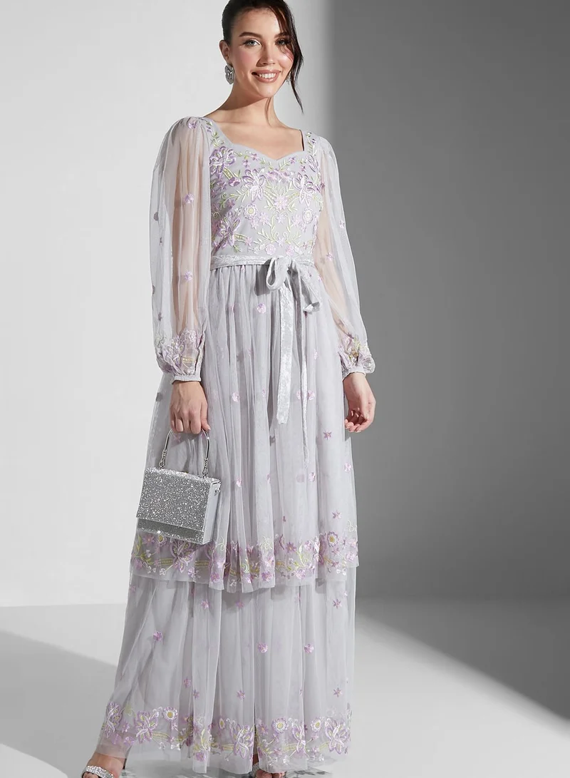 Frock and Frill Sweetheart Neckline Floral Embroidered Maxi Dress