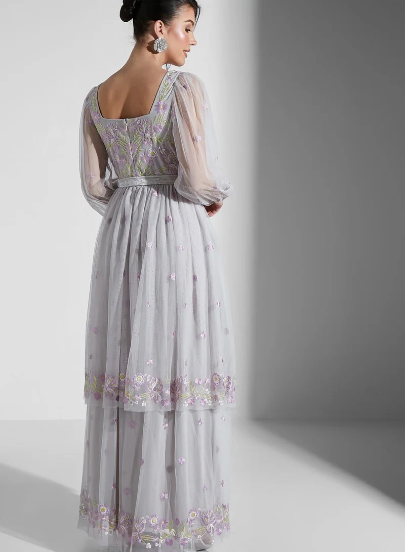 Frock and Frill Sweetheart Neckline Floral Embroidered Maxi Dress