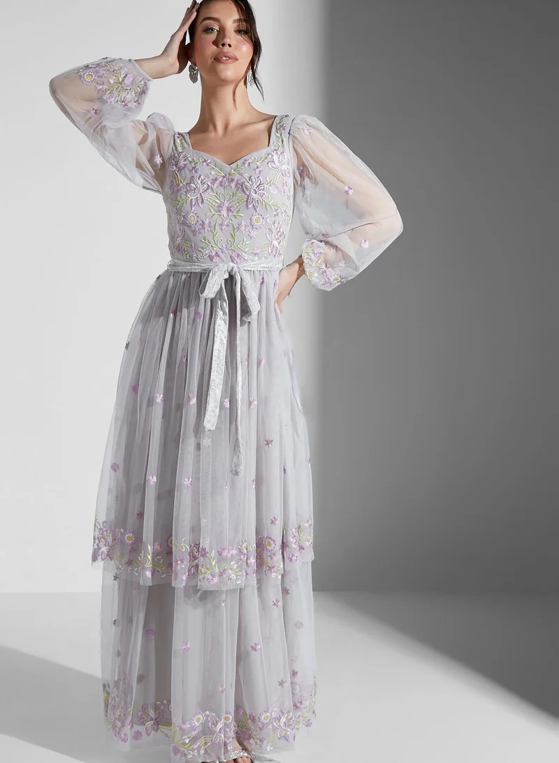 Frock and Frill Sweetheart Neckline Floral Embroidered Maxi Dress