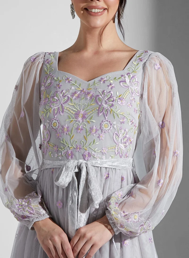 Frock and Frill Sweetheart Neckline Floral Embroidered Maxi Dress