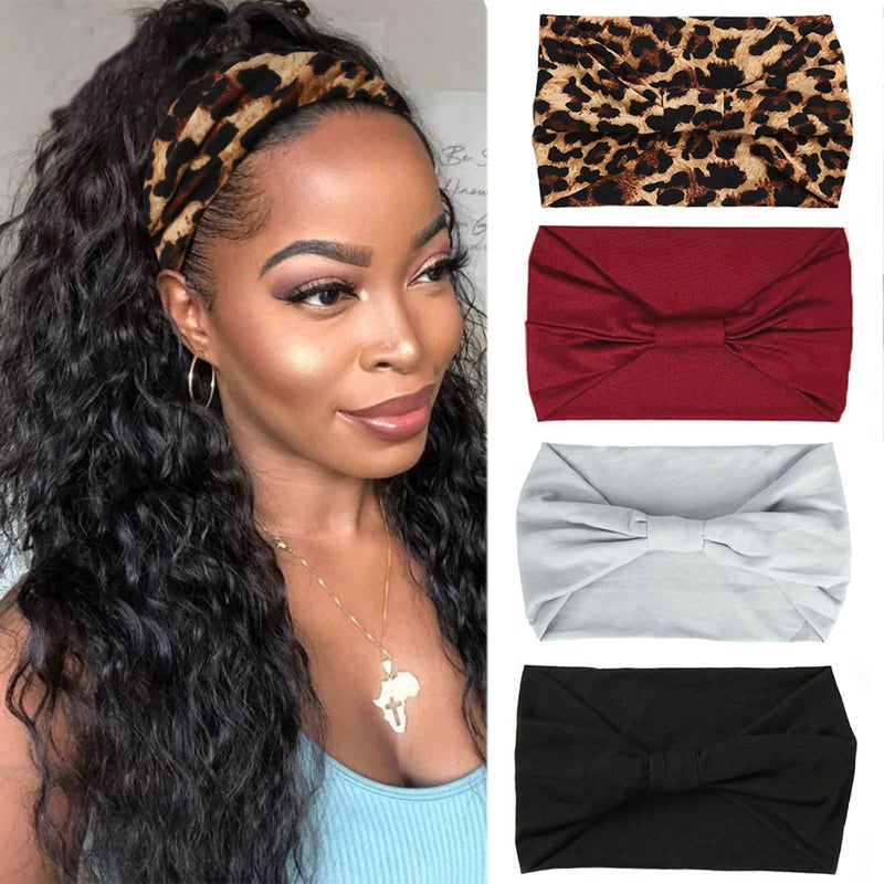 XTREND 4 Packs Wide Headband Fashion Headscarf Bohemian Style Elastic Knotted Non-slip Headband Suitable For Black Women Outdoor Yoga Sports Printed Hair Accessories - Image 1