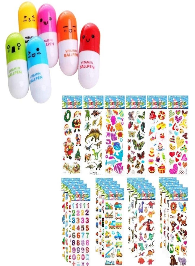 WAAOME® Combo (6 Pcs Capsule pen + 10 sheet 3d Cartoon Stickers) Capsule pen for kids (AB114) - Image 1