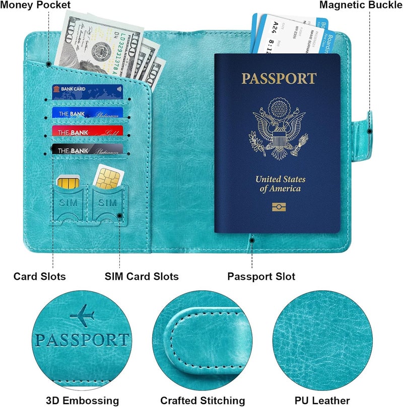Herain Passport Holder & Case - Family Travel Combo With Passport & Vaccine Card Holder, D-magnetic clasp-turquoise, Magnetic Clasp - Image 4