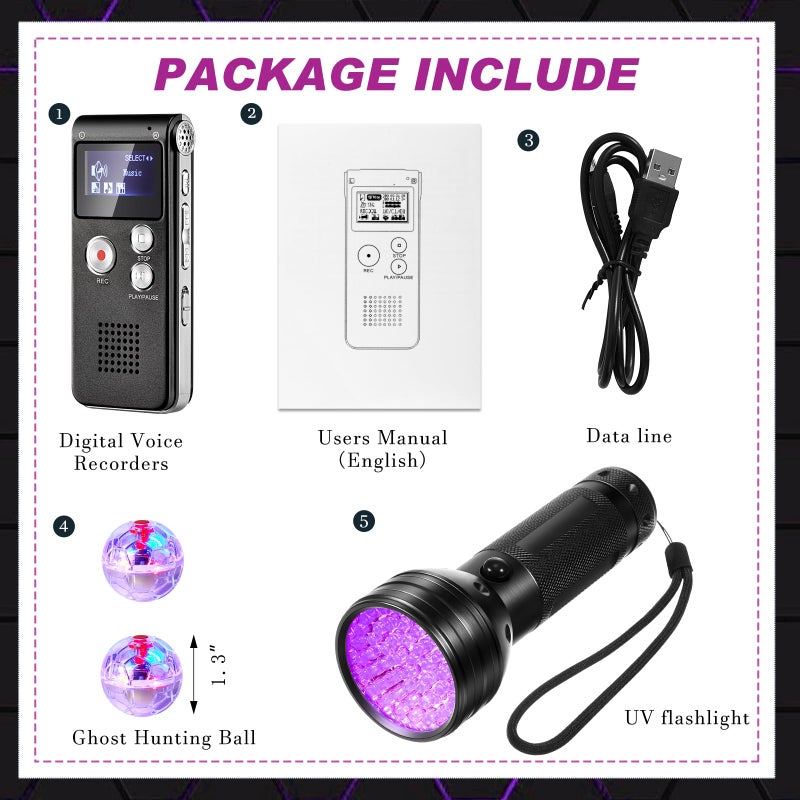 Dunzy 4 Pcs Ghost Hunting Equipment Kit Include 1 EVP Voice Recorder 8 Gb 1 UV Flashlight 2 LED Light up Cat Balls Ghost Investigation Paranormal Equipment for Home Outdoor Inspection(Black,Classic) - Image 2