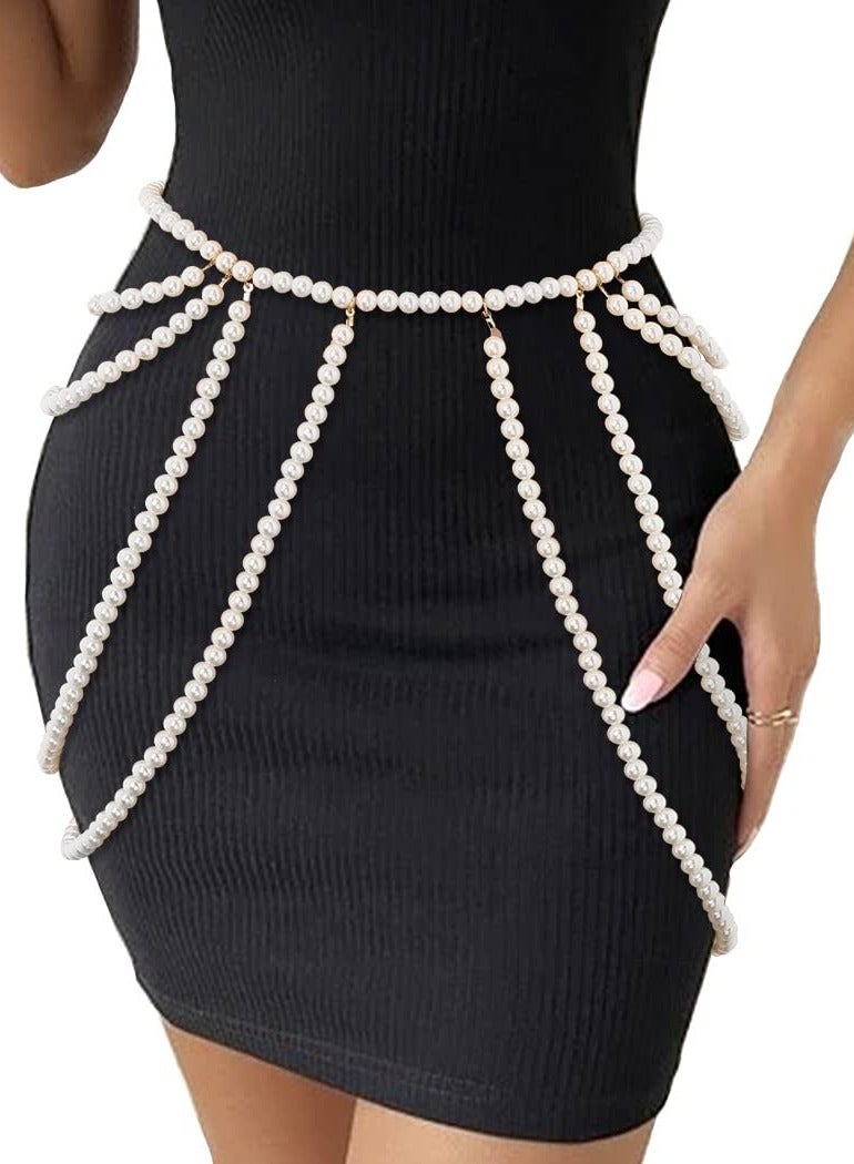 KASTWAVE Layered Pearl Waist Chain White Body Chain Dress Belly Chain Adjustable Body Jewelry Accessories forfor Women Multilayer Rhinestone Chain Belts Punk Chunky Waist Chain for Ladies Dresses - Image 1