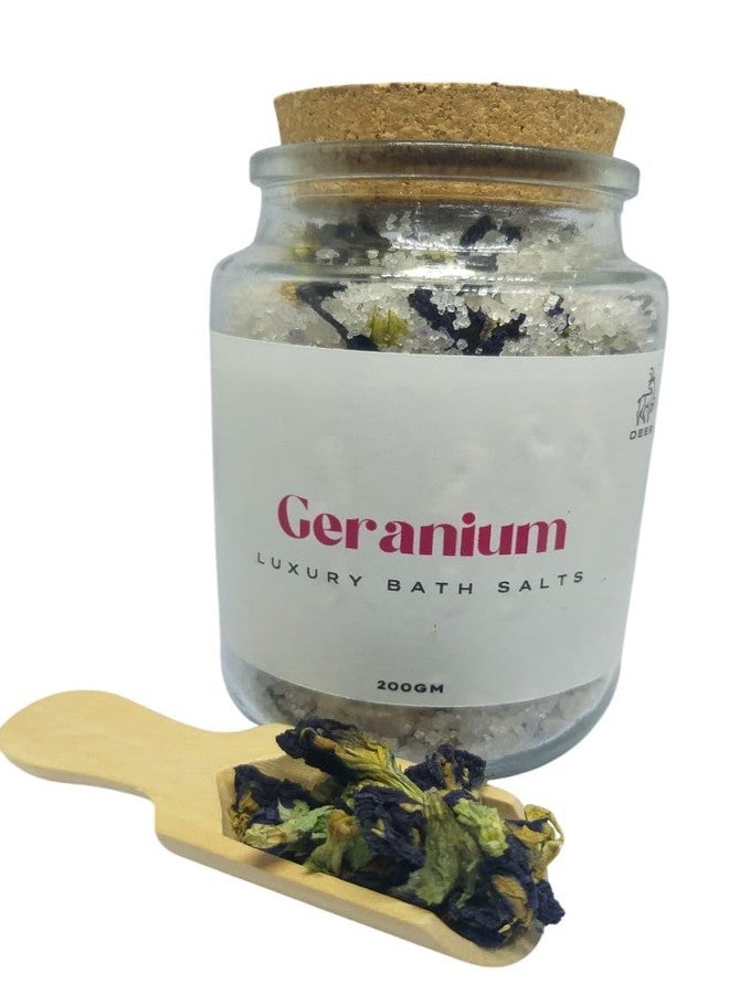 DEER Geranium Bath Salt 200g - Floral Bath Soak with Essential Oils & Natural | Aromatherapy & Skin Nourishment | Glass Jar with Cork Lid - Image 1