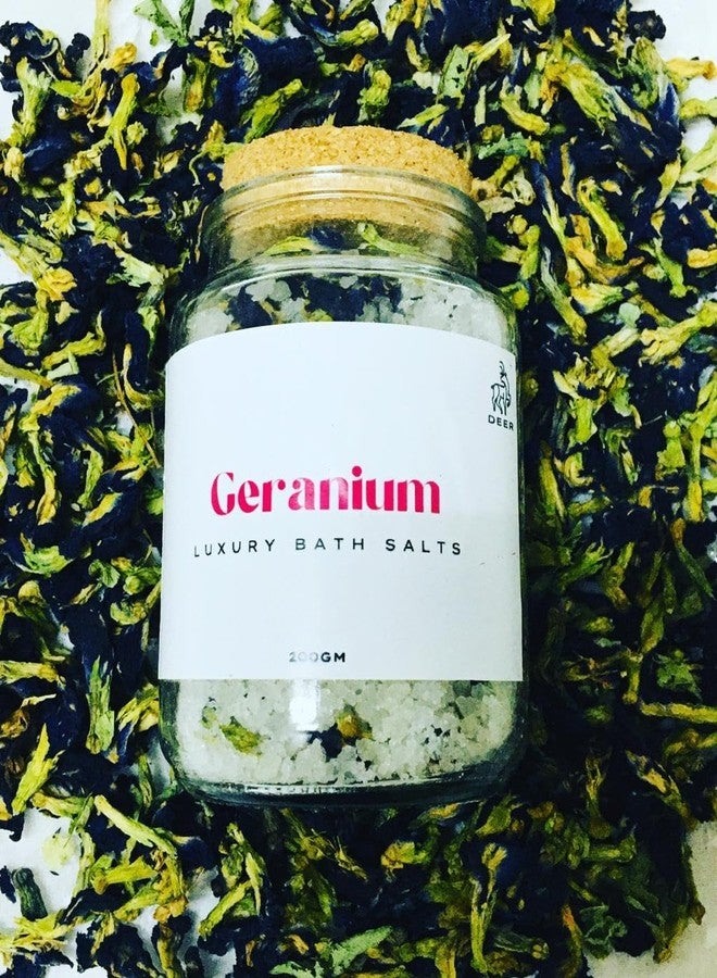 DEER Geranium Bath Salt 200g - Floral Bath Soak with Essential Oils & Natural | Aromatherapy & Skin Nourishment | Glass Jar with Cork Lid - Image 2