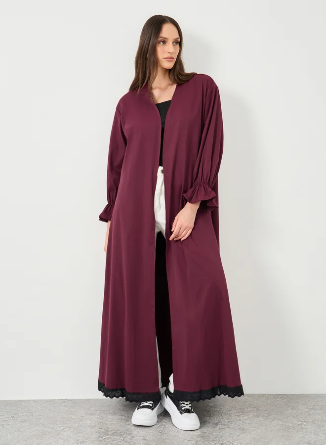 ستايلي Styli Women Burgundy Lace Trim Regular Fit Maxi Kimono
