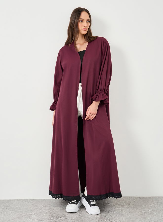 Styli Women Burgundy Lace Trim Regular Fit Maxi Kimono - Image 1