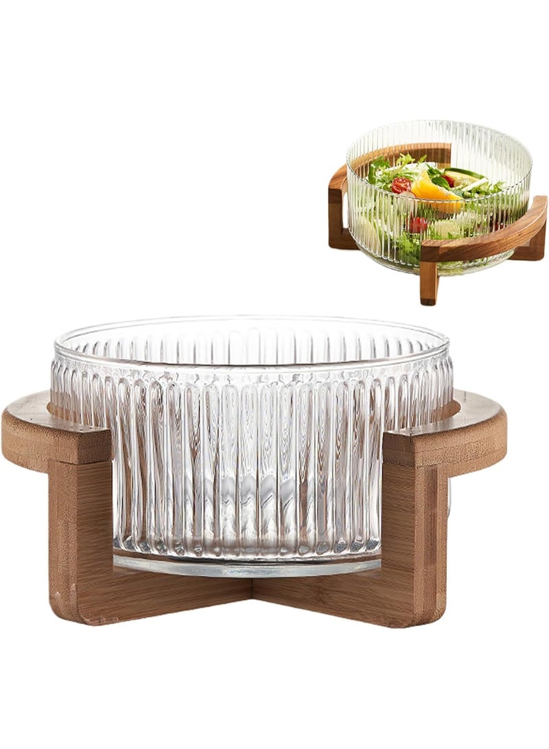 Arabest Glass salad bowl set with acacia wood base, elegant salad serving bowls, party salad bowls with wooden stand, decorative bowl - Image 1