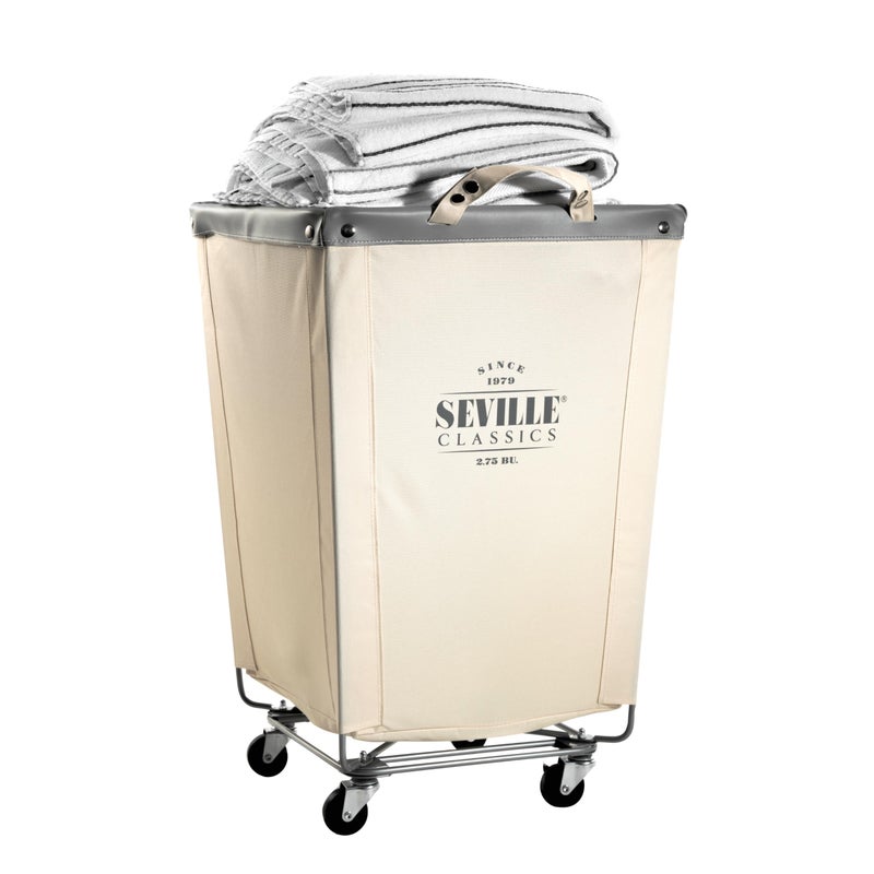 Seville Classics Large Commercial Heavy Duty Rolling Steel Frame Laundry Hamper Canvas Cart Bin, w/ Wheels for Hotel, Home, Closet, Bedroom (PATENTED), Cream, 18.1" D x 18.1" W - Image 3