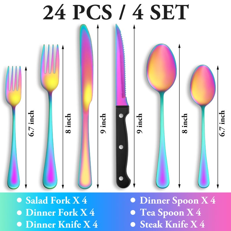 MUTNITT 24 Pcs Rainbow Silverware Set with Steak Knives Service for 4,Stainless Steel Flatware Set,Mirror Polished Cutlery Utensil Set, Kitchen Eating Tableware,Include Fork Knife Spoon Set,Dishwasher Safe - Image 2