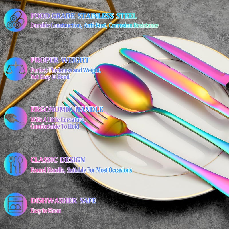 MUTNITT 24 Pcs Rainbow Silverware Set with Steak Knives Service for 4,Stainless Steel Flatware Set,Mirror Polished Cutlery Utensil Set, Kitchen Eating Tableware,Include Fork Knife Spoon Set,Dishwasher Safe - Image 3