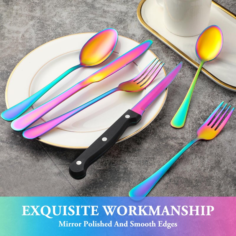 MUTNITT 24 Pcs Rainbow Silverware Set with Steak Knives Service for 4,Stainless Steel Flatware Set,Mirror Polished Cutlery Utensil Set, Kitchen Eating Tableware,Include Fork Knife Spoon Set,Dishwasher Safe - Image 4