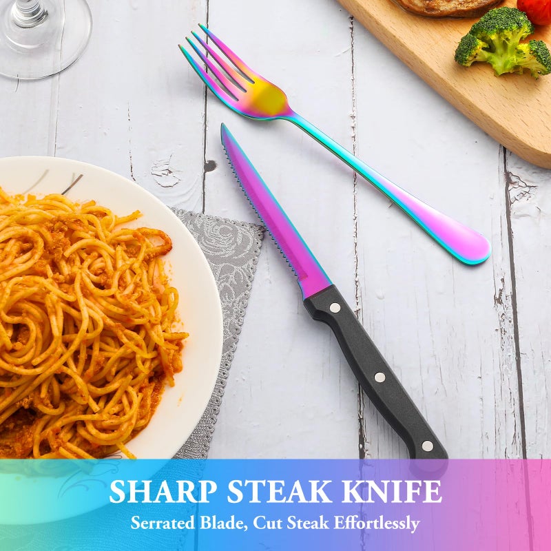 MUTNITT 24 Pcs Rainbow Silverware Set with Steak Knives Service for 4,Stainless Steel Flatware Set,Mirror Polished Cutlery Utensil Set, Kitchen Eating Tableware,Include Fork Knife Spoon Set,Dishwasher Safe - Image 5