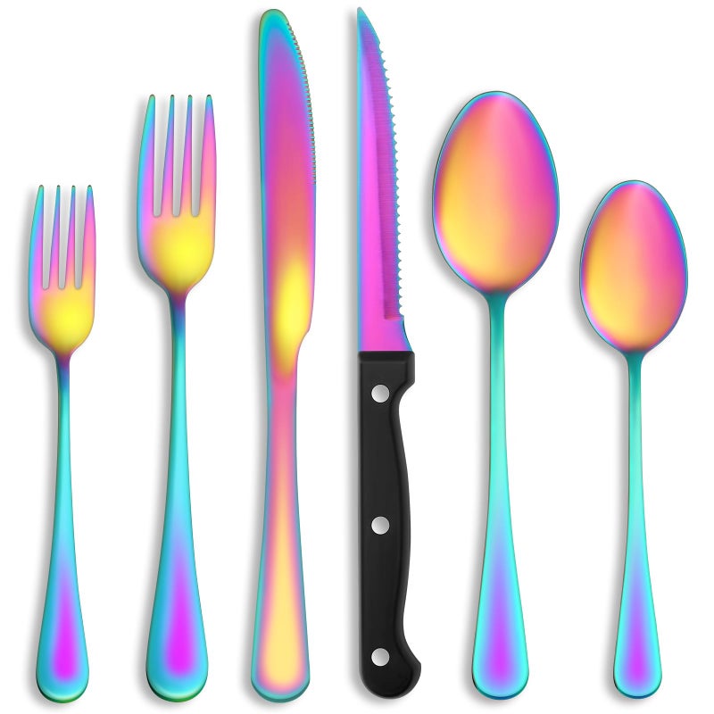 MUTNITT 24 Pcs Rainbow Silverware Set with Steak Knives Service for 4,Stainless Steel Flatware Set,Mirror Polished Cutlery Utensil Set, Kitchen Eating Tableware,Include Fork Knife Spoon Set,Dishwasher Safe - Image 1
