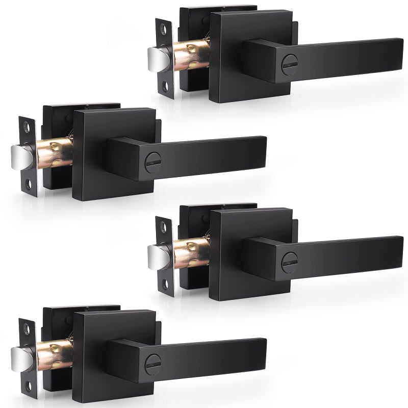 Probrico 4 Pack| Matte Black Square Privacy Door Levers Bed Bath Door Handles, Heavy Duty Interior Keyless Door Locks for Left or Right Sided Doors - Image 1