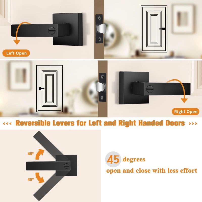Probrico 4 Pack| Matte Black Square Privacy Door Levers Bed Bath Door Handles, Heavy Duty Interior Keyless Door Locks for Left or Right Sided Doors - Image 3