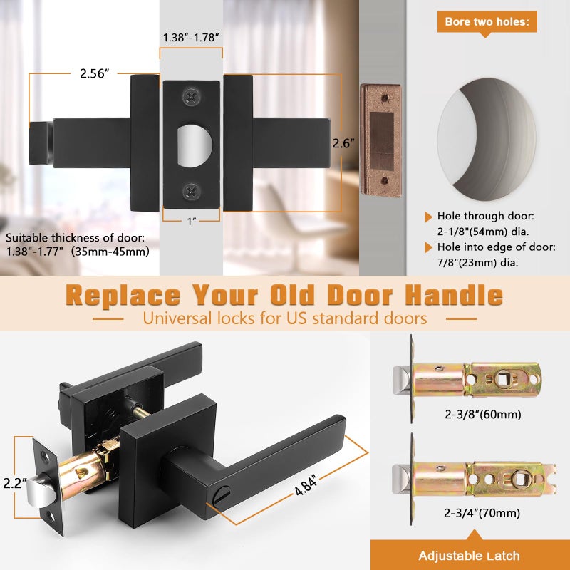 Probrico 4 Pack| Matte Black Square Privacy Door Levers Bed Bath Door Handles, Heavy Duty Interior Keyless Door Locks for Left or Right Sided Doors - Image 5