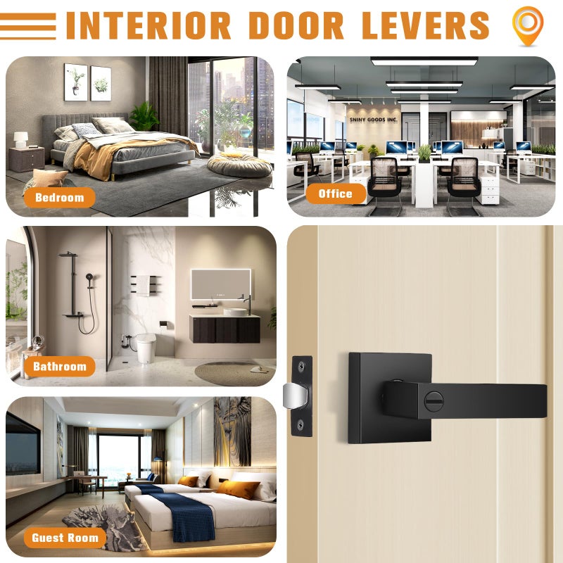 Probrico 4 Pack| Matte Black Square Privacy Door Levers Bed Bath Door Handles, Heavy Duty Interior Keyless Door Locks for Left or Right Sided Doors - Image 4