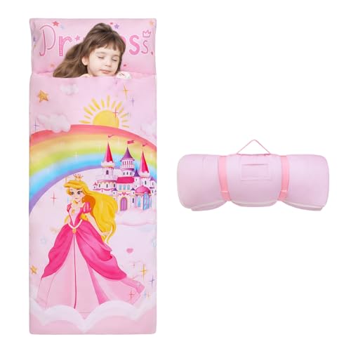 Decalsweet Kids Sleeping Bag Toddler Nap Mat with Removable Pillow Large Foldable Sleeping Bag for Girls Boys Easy Clean Slumber Bag with Double Zip for Camping School Preschool Daycare 5924 inch - Image 1