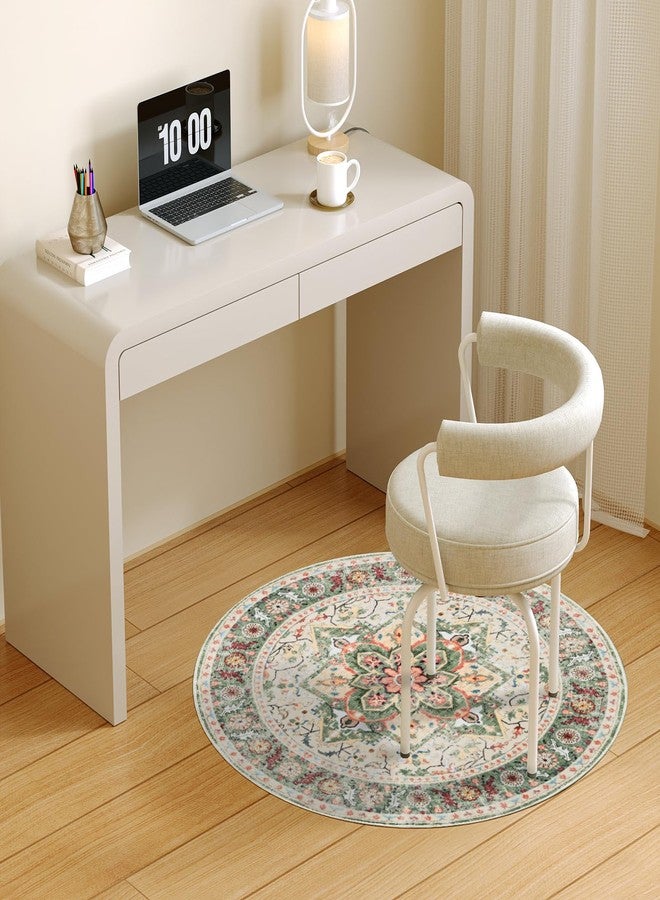 COYACOOL Round Rug for Living Room, 3Ft Round Washable Rug, Boho Small Circle Kitchen Area Rugs, Non Slip Low Pile Circular Rugs, Soft Round Carpet for Bedroom, Office, Kitchen Entryway, Bathroom (CreamGreen) - Image 4