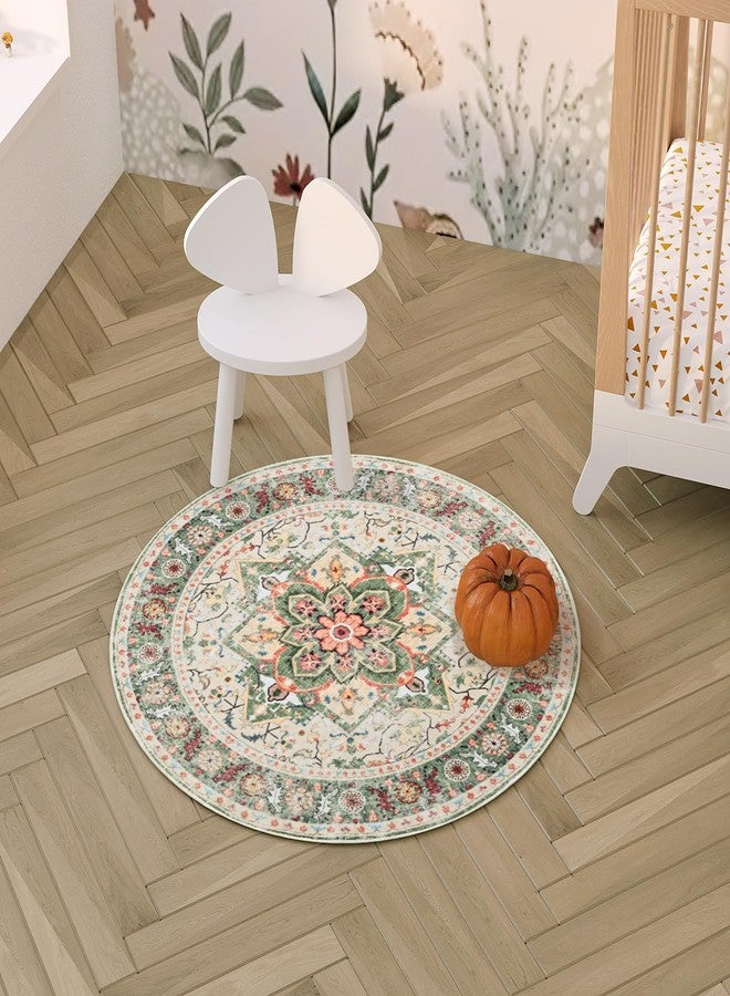 COYACOOL Round Rug for Living Room, 3Ft Round Washable Rug, Boho Small Circle Kitchen Area Rugs, Non Slip Low Pile Circular Rugs, Soft Round Carpet for Bedroom, Office, Kitchen Entryway, Bathroom (CreamGreen) - Image 5