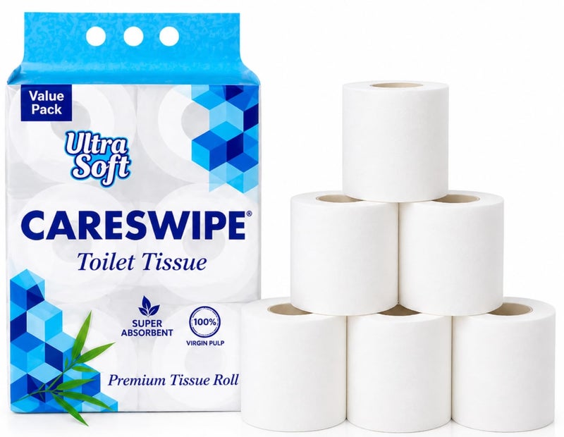 Careswipe 2 Ply Toilet Tissue Roll Family Pack 6-in-1 | 1080 Pulls | 180 Pulls X 6 Rolls | Soft And Highly Absorbent Toilet Paper | 100% Natural Virgin Cellulose Fiber - Image 3