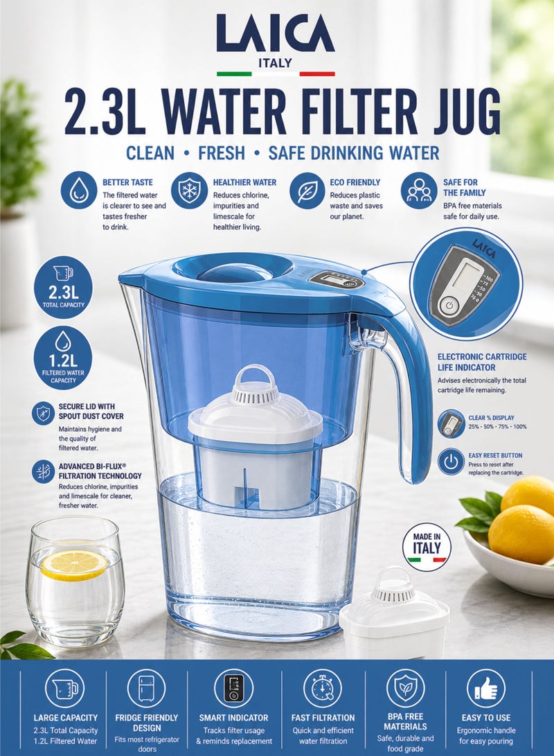 LAICA 2.3L Water Filter Jug Blue BPA Free Filter Pitcher with Bi Flux Cartridge Chlorine Removal Limescale Reduction Odor Improvement Fast Filtration Fridge Friendly Design Reusable Eco Friendly Drinking Water Purifier for Home Kitchen Family Use - Image 1