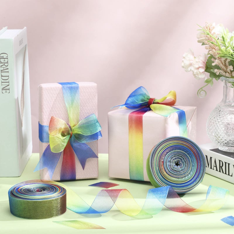 Shappy 1 Inch x 50yard Rainbow Gift Rainbow Ribbon for Gift Wrapping Organza Ribbon Shimmer Sheer Rainbow Colors Ribbon - Image 4