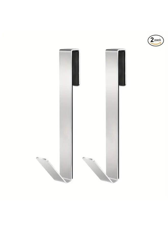 2 Pack Silvery Stainless Steel Over The Door Towel Hooks Rust Proof Drill Free Bathroom - Image 1
