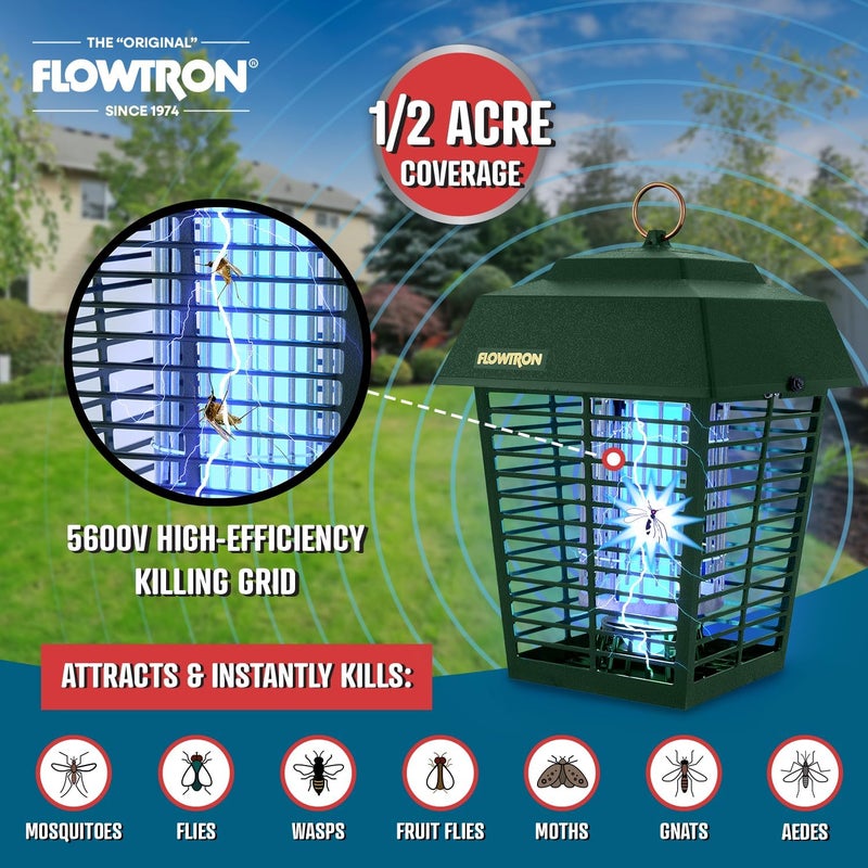 Flowtron Electric Bug Zapper 1/2 Acre Outdoor Insect Control with Dual Lure Method, 15W UV Light & Octenol Attractant for Fly & Mosquito, 5600V Kill Grid, Made in USA, UL Certified - Green Color - Image 4