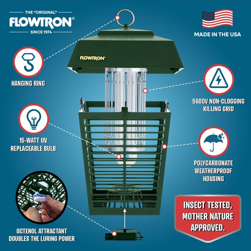 Flowtron Electric Bug Zapper 1/2 Acre Outdoor Insect Control with Dual Lure Method, 15W UV Light & Octenol Attractant for Fly & Mosquito, 5600V Kill Grid, Made in USA, UL Certified - Green Color - Image 2