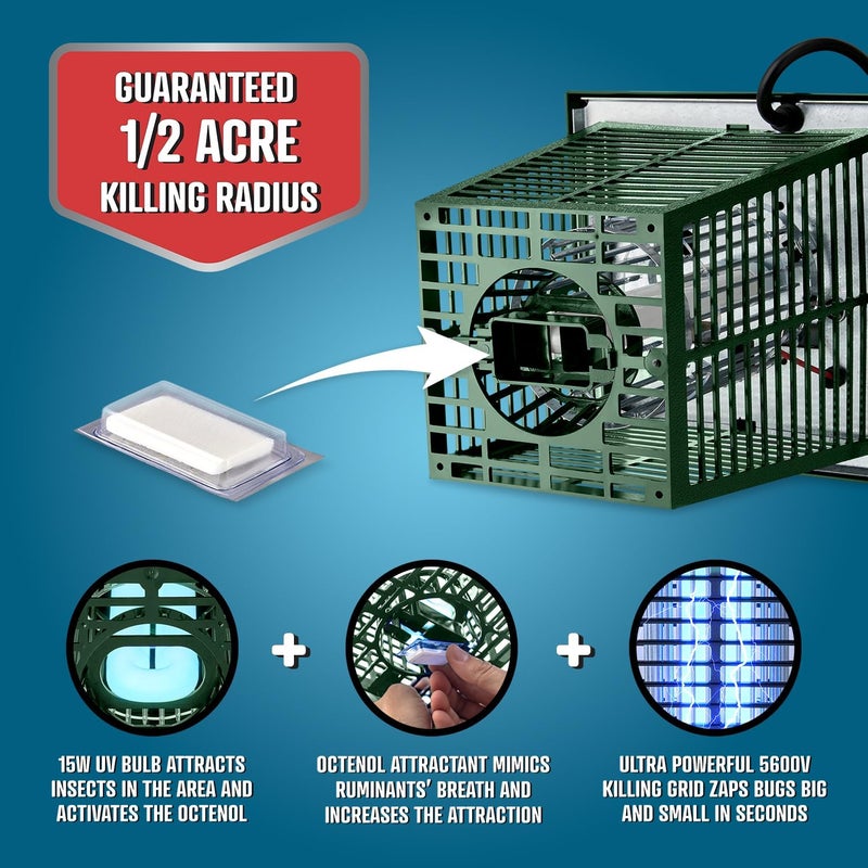 Flowtron Electric Bug Zapper 1/2 Acre Outdoor Insect Control with Dual Lure Method, 15W UV Light & Octenol Attractant for Fly & Mosquito, 5600V Kill Grid, Made in USA, UL Certified - Green Color - Image 3