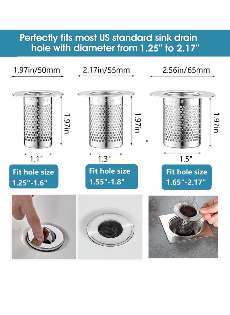 Excefore 3 Pack Sink Strainer Bathroom Sink, Floor Drain Strainer, Stainless Steel Hair Strainer for Bathroom, Laundry, RV and Lavatory (Size from 1.25" to 2.17"）  - Image 2