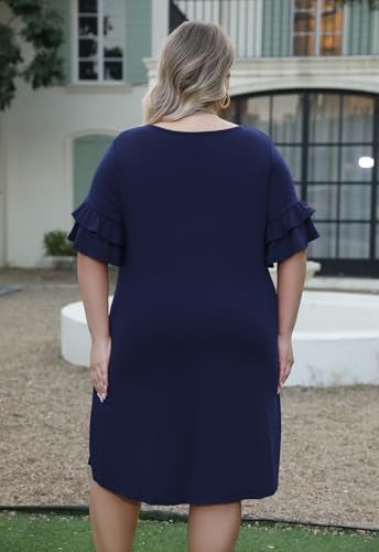 Nemidor Plus Size Casual Dresses for Curvy Women Summer Ruffle Sleeve T-Shirt Swing Mini Dress with Pocket 14-26(179,18,Navy) - Image 2