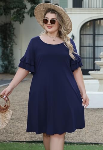 Nemidor Plus Size Casual Dresses for Curvy Women Summer Ruffle Sleeve T-Shirt Swing Mini Dress with Pocket 14-26(179,18,Navy) - Image 5